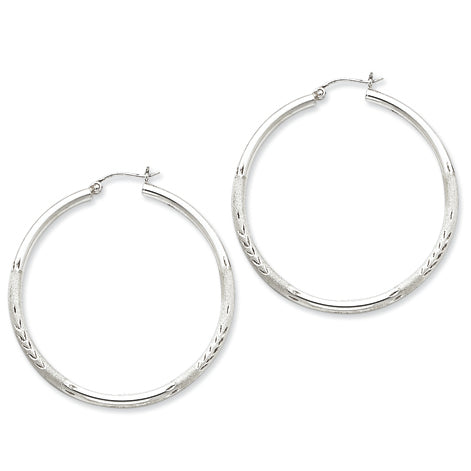 Sterling Silver 2.5mm Satin & Diamond Cut Hoop Earrings