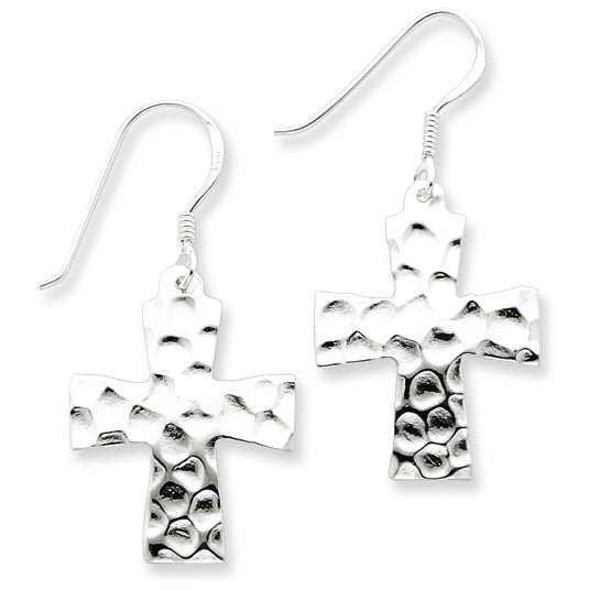Sterling Silver Hammered Cross Dangle Earrings