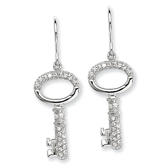 Sterling Silver CZ Key Dangle Wire Earrings