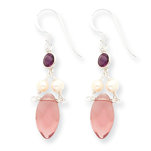 Sterling Silver Amethyst Crystal/Purple CZ/FW Cultured Pearl Earrings
