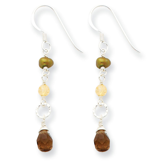Sterling Silver FW Cultured Pearl/Smokey Quartz/Yellow Jade Earrings