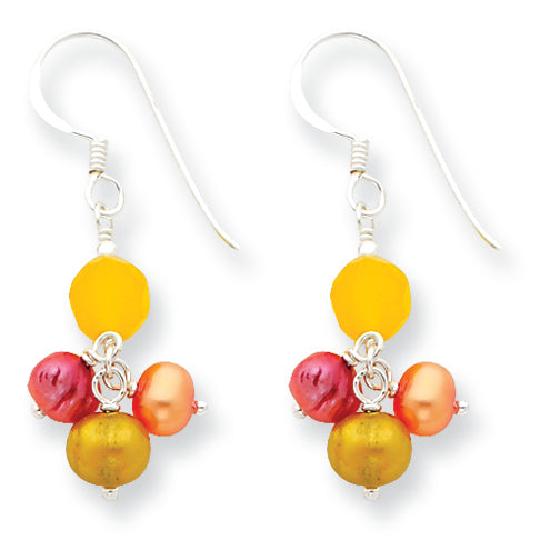 Sterling Silver Freshwater Cultured Pearls & Yellow Jade Earrings