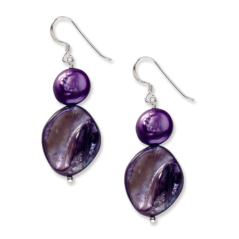 Sterling Silver Dark Purple Mother of Pearl & FW Cultured Pearl Earrings