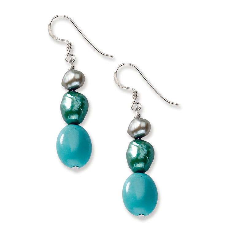 Sterling Silver Green Turquoise/Green Freshwater Cultured Pearl Earrings
