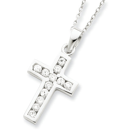 Sterling Silver CZ Cross on 16 Box Chain Necklace