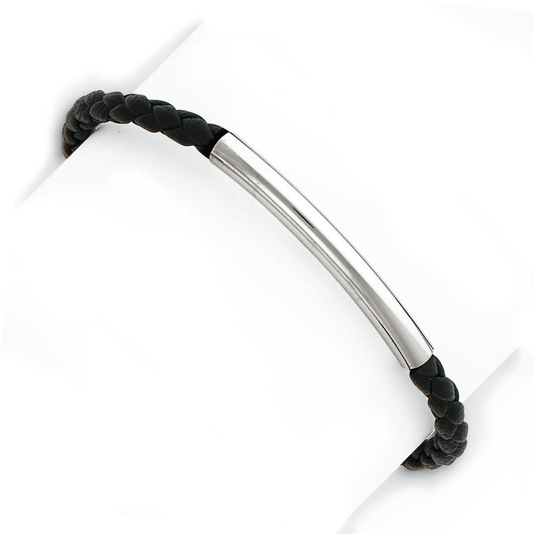 Sterling Silver Braided Black Leather Bracelet 7 Inches