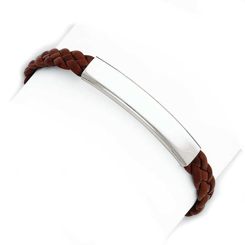 Sterling Silver Brown Braided Leather Bracelet 7 Inches