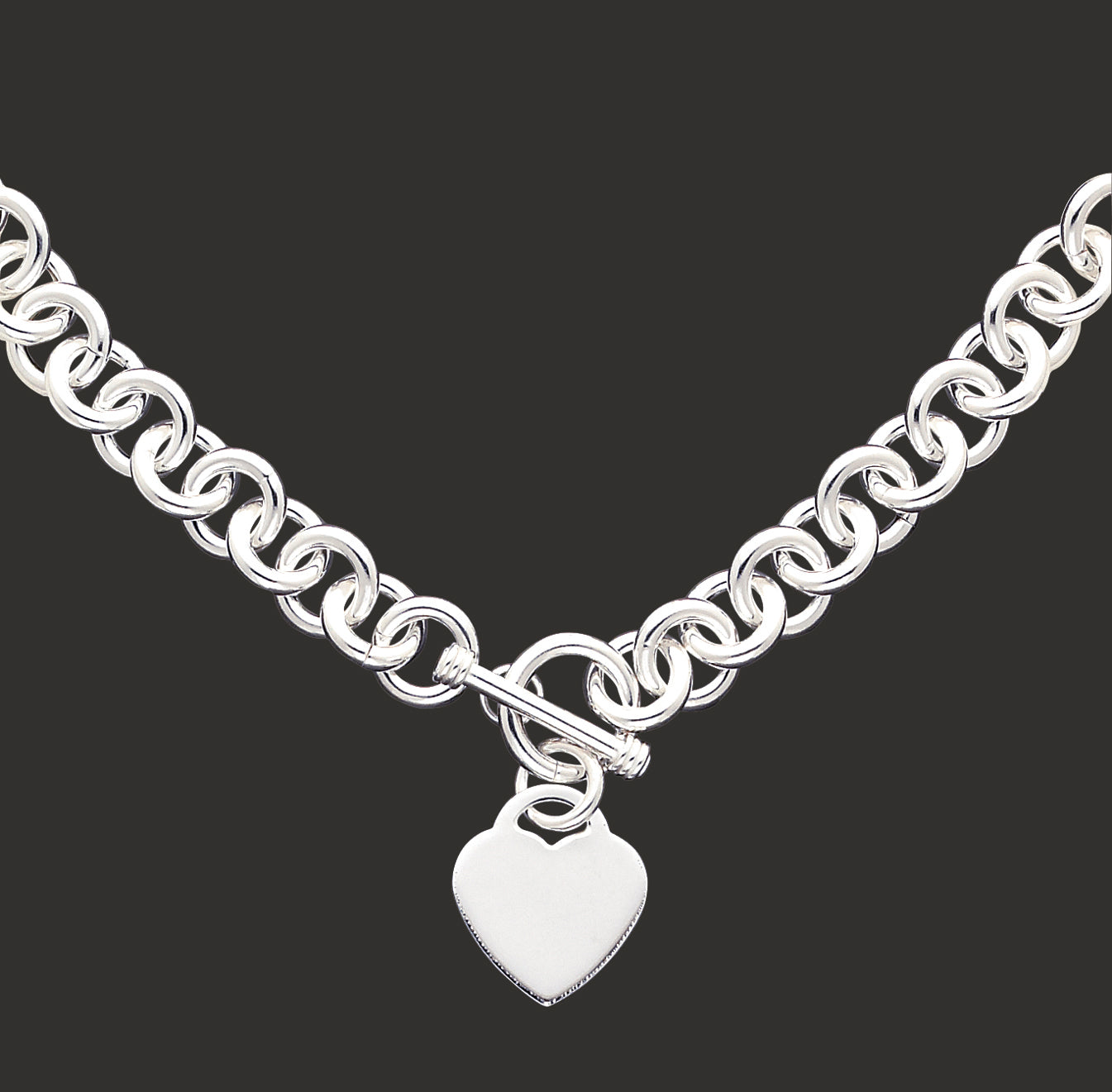 Sterling Silver Engraveable Heart Disc on Fancy Link Toggle Bracelet 7.75 Inches