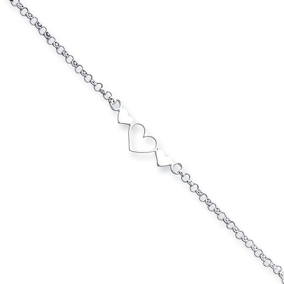 Sterling Silver 10inch Polished Triple Heart Anklet 10 Inches