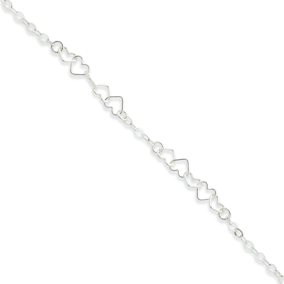 Sterling Silver 9inch Polished Fancy Heart Link Anklet 9 Inches