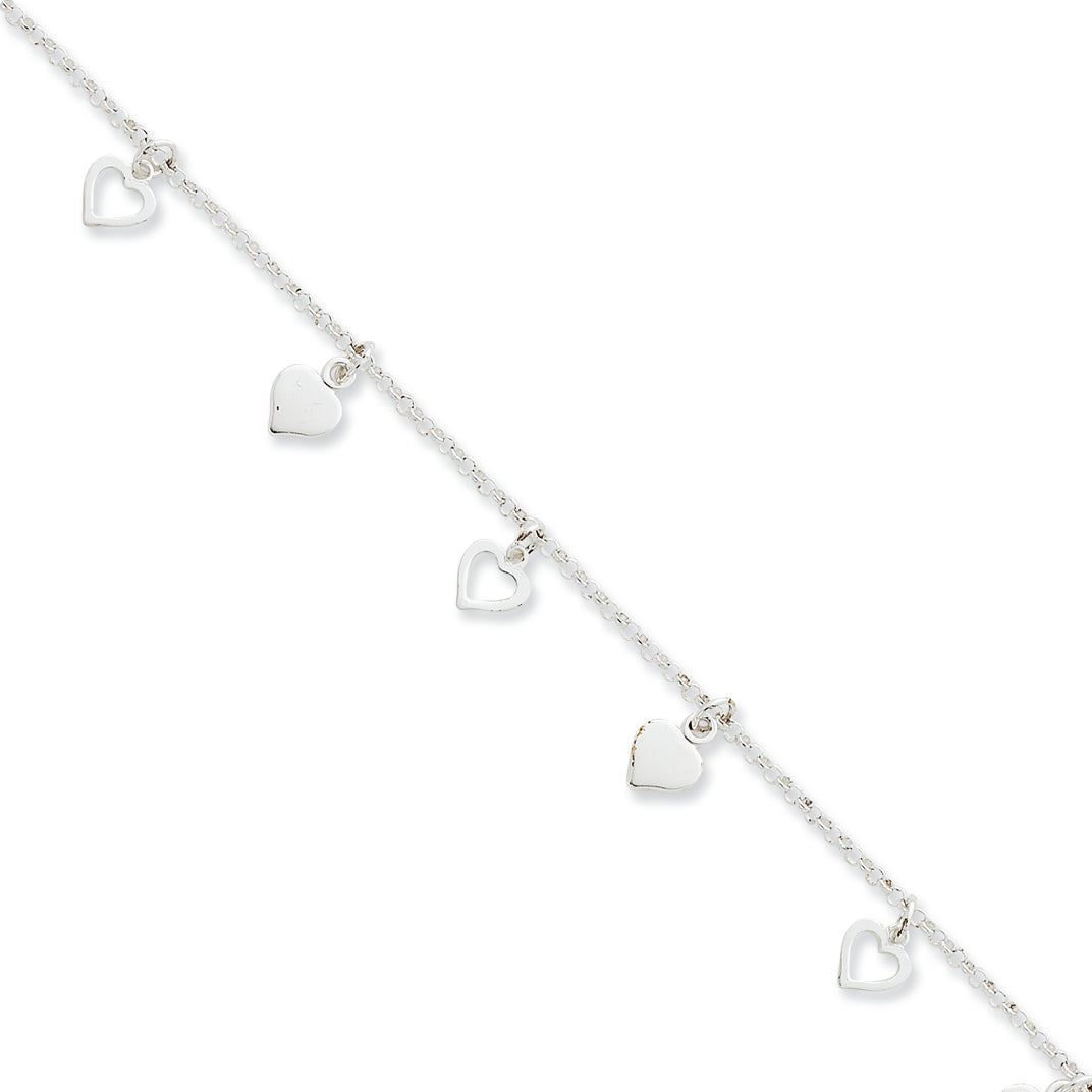 Sterling Silver Polished Hearts Anklet 10 Inches