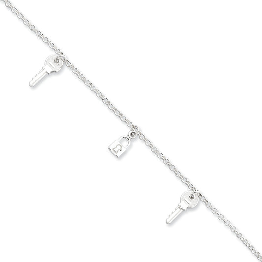 Sterling Silver Polished Lock & Key Anklet 10 Inches