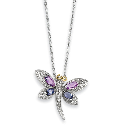 Sterling Silver & 14K Amethyst and Iolite and Diamond Dragonfly Necklace