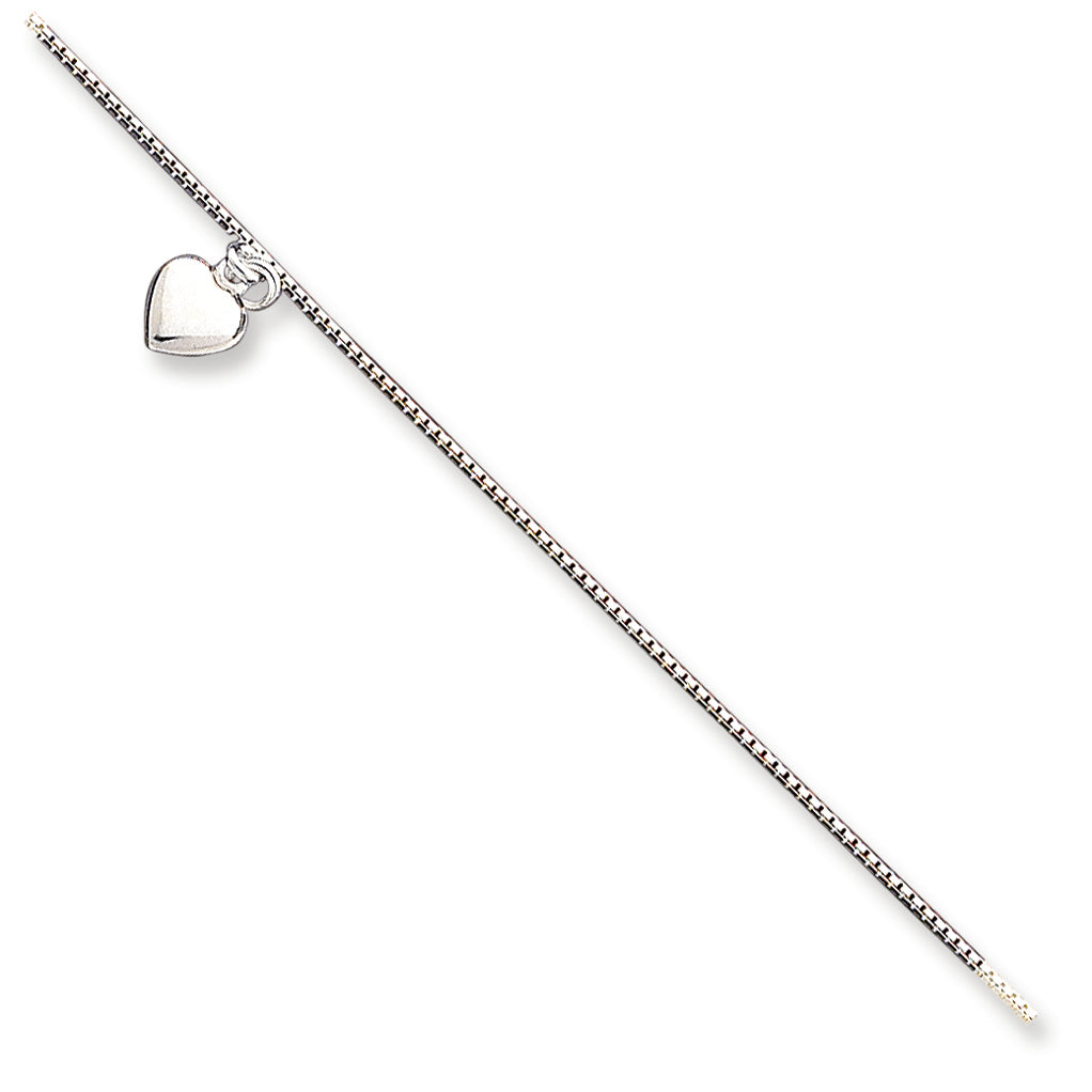Sterling Silver 10inch Polished 3-Dimensional Puffed Heart Anklet 10 Inches