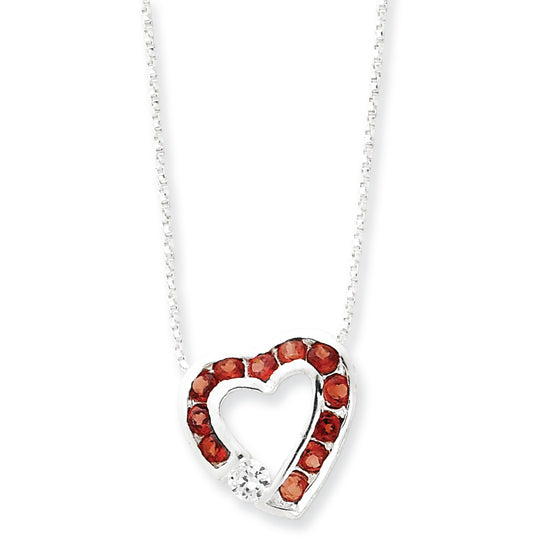 Sterling Silver Garnet & CZ Heart Slide on 18 Chain Necklace