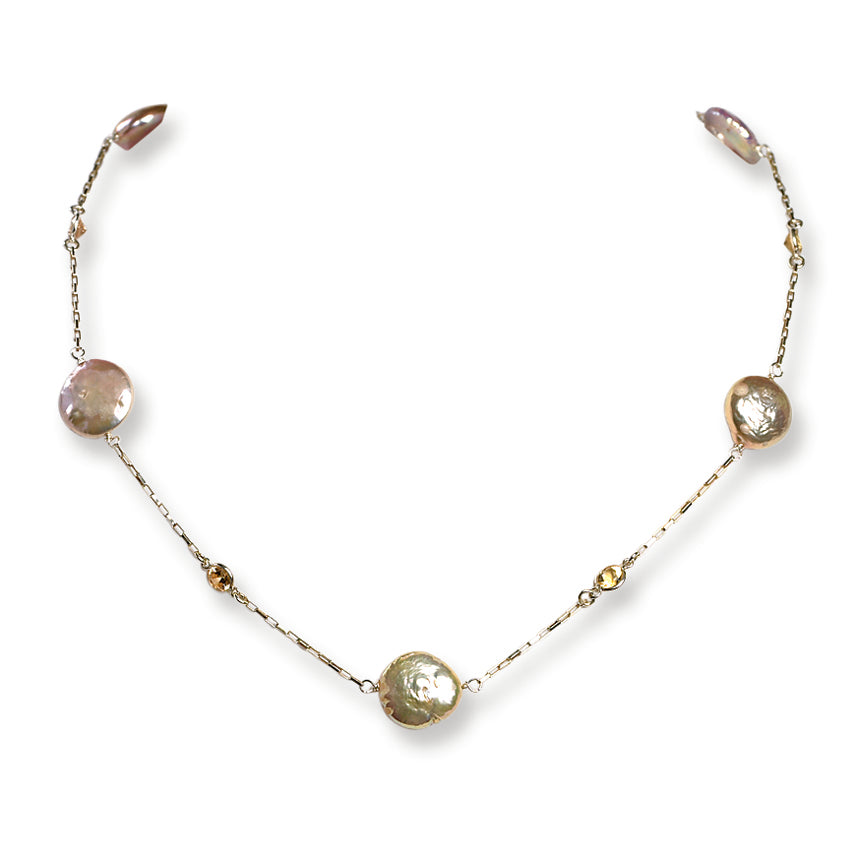 Sterling Silver Champagne CZ/ Peach FW Cultured Coin Pearl Necklace