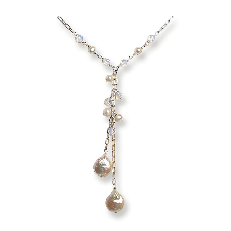 Sterling Silver Freshwater Cultured Coin Pearl & Crystal Drop Necklace