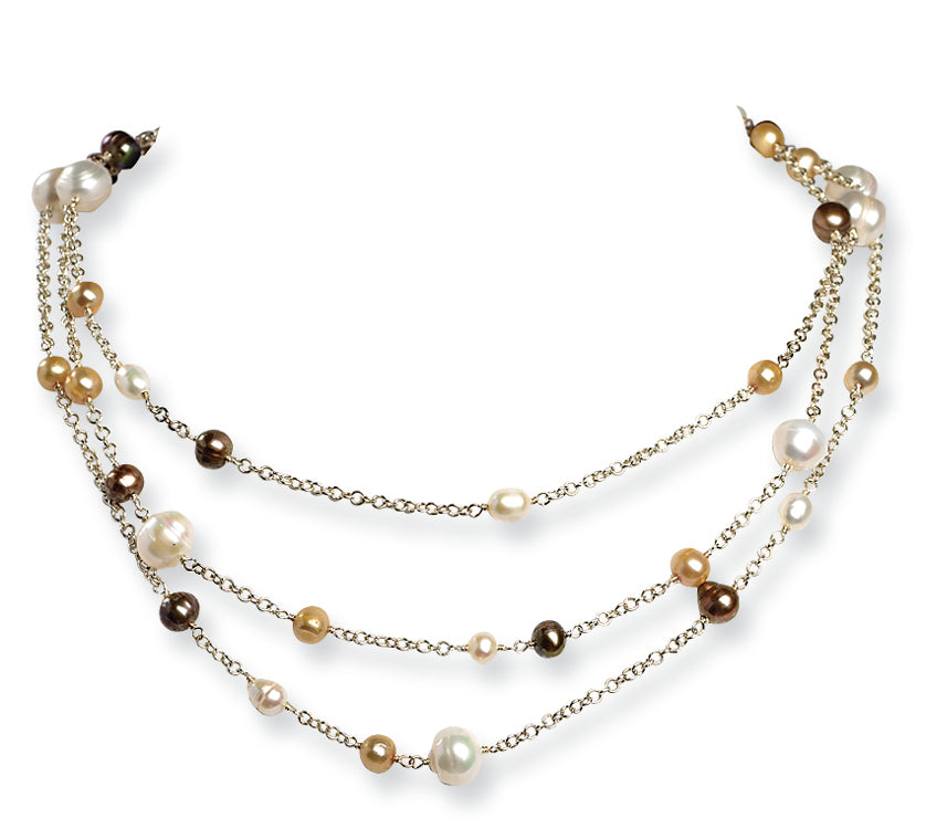 Sterling Silver Cultured White/Golden/Champange Pearl Necklace