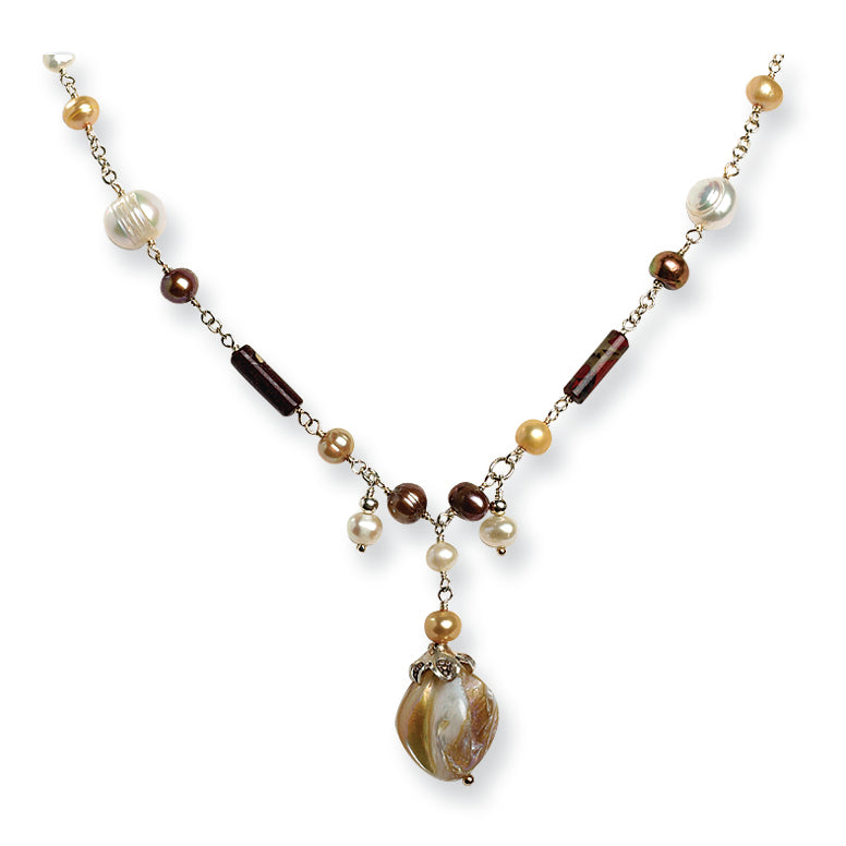 Sterling Silver FW Cultured Pearls/Jasper/Rutilated Quartz Necklace