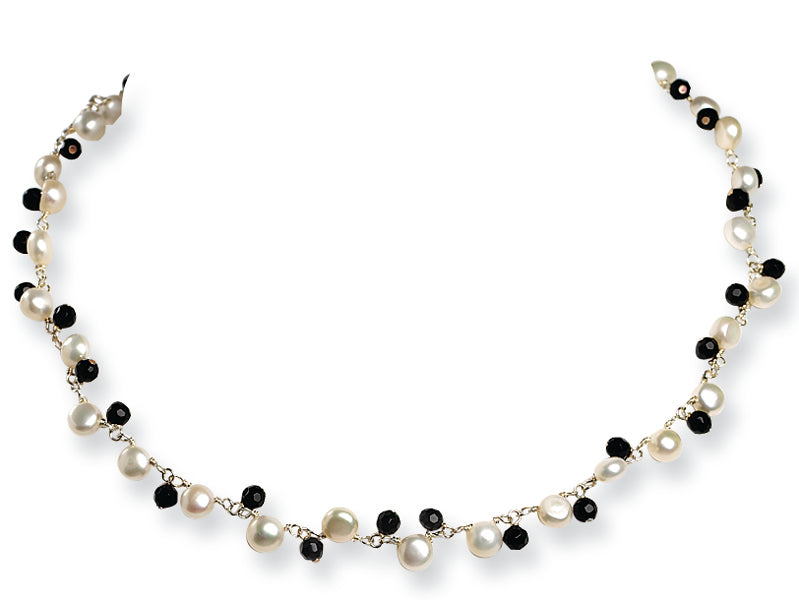 Sterling Silver Freshwater Cultured Button Pearl/Black Crystal Necklace