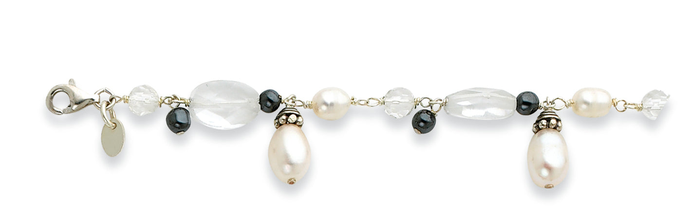 Sterling Silver Freshwater Cultured Pearl/Clear Quartz/Hematite Bracelet