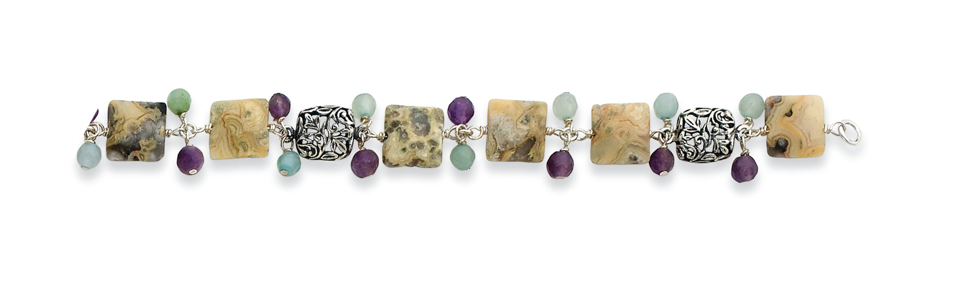Sterling Silver Amethyst/Green Agate/Jasper Bracelet