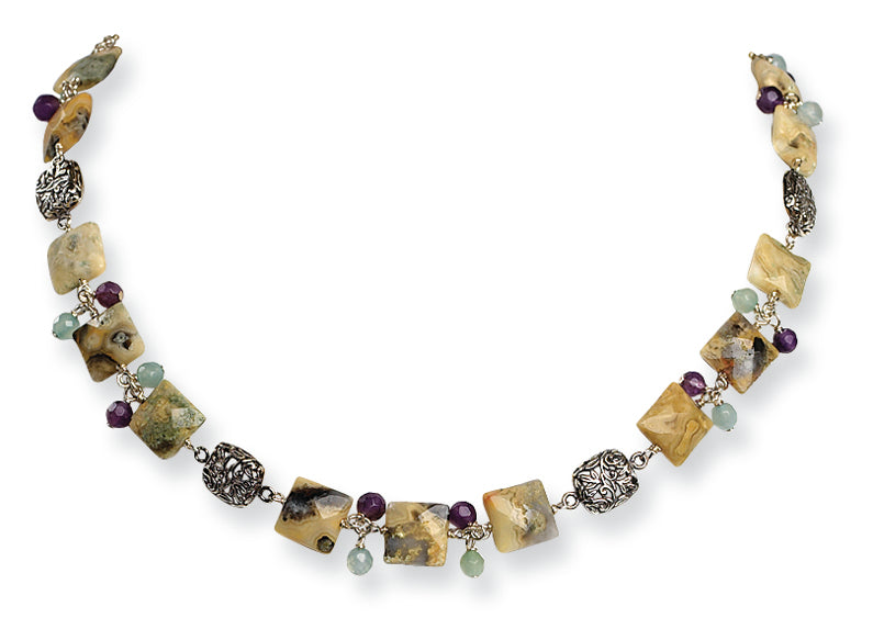 Sterling Silver Antiqued Amethyst/Green Agate/Jasper Necklace