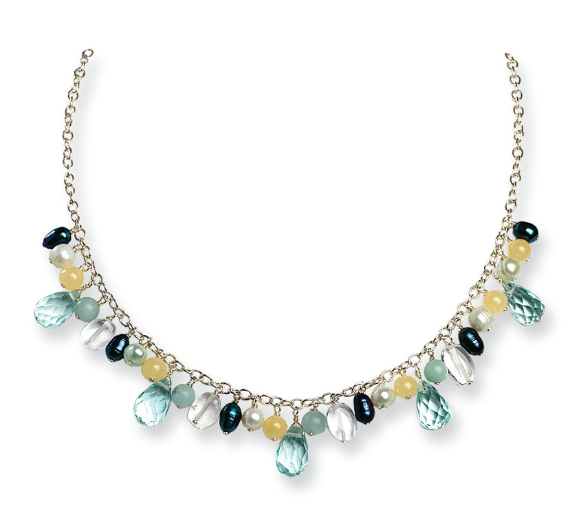 Sterling Silver Blue Crystal/FW Cultured Pearl/Grn Agate/Jade Necklace