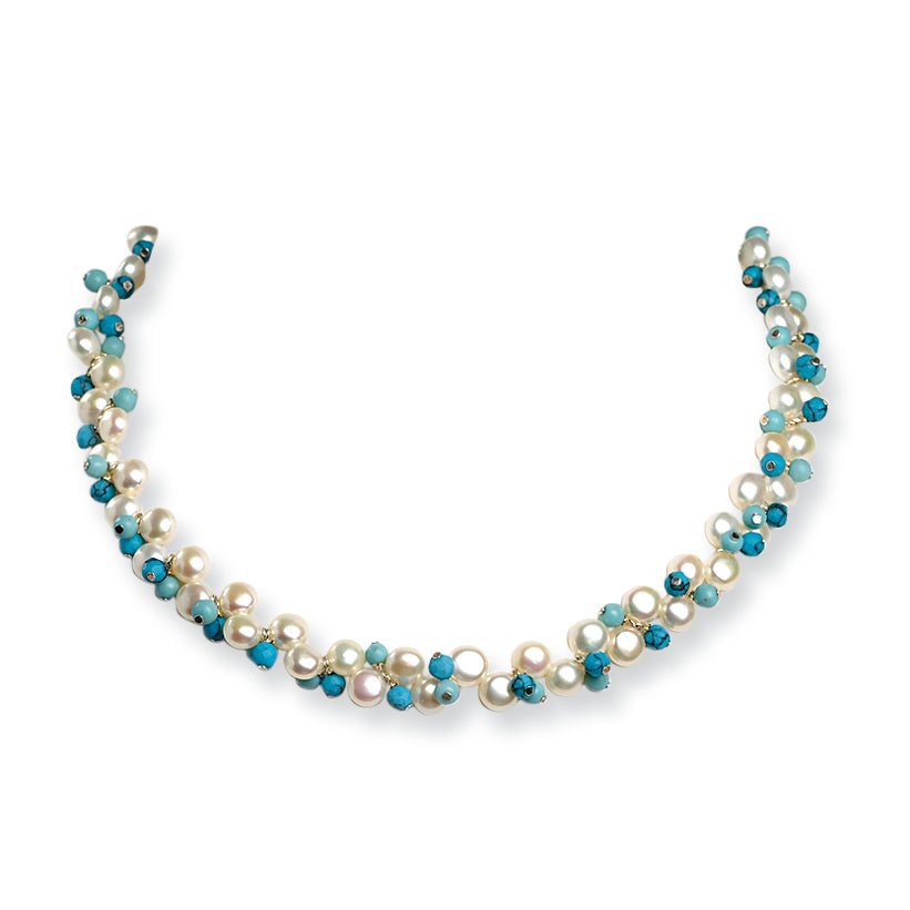 Sterling Silver Cultured Button Pearl/Dyed Howlite/Turquoise Necklace