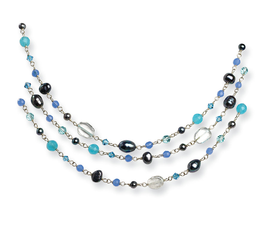 Sterling Silver Blue Agate/FW Cultured Pearl/Aqua Crystal Necklace