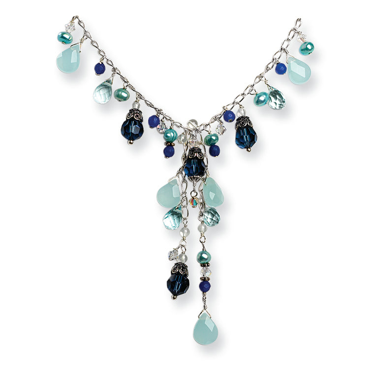 Sterling Silver Blue Crystal/Blue FW Cultured Pearl/Chalcedony Necklace