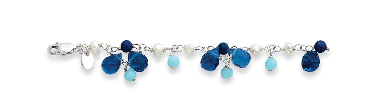 Sterling Silver Dark Blue Crystal/Lapis/Amazonite/Cultured Pearl Bracelet
