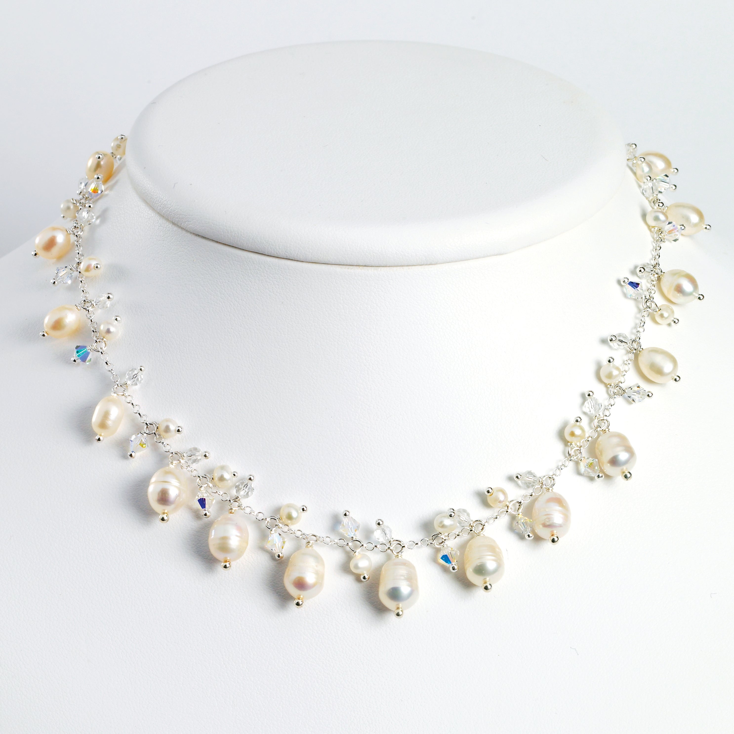 Sterling Silver FW Cultured Pearl/Aurora Borealis Crystal 18in Necklace