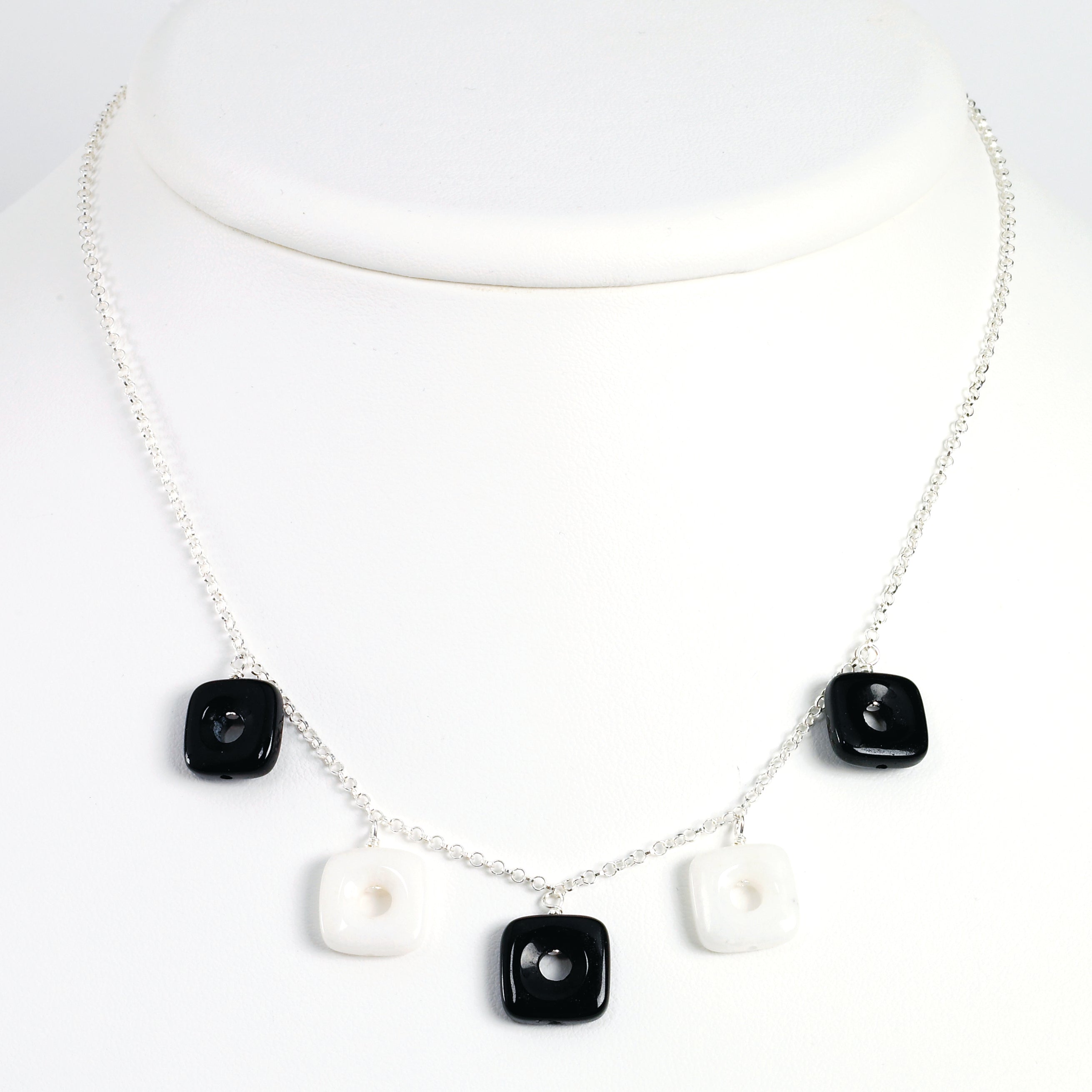 Sterling Silver Black Agate & White Jade Necklace