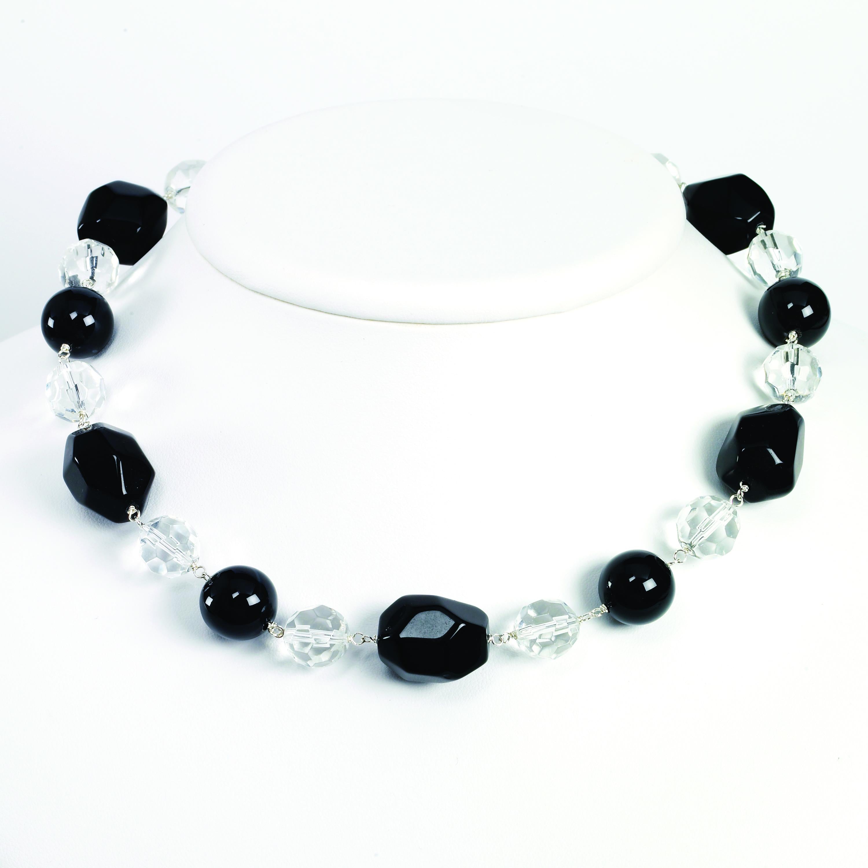 Sterling Silver 11mm Clear Crystal/14mm Onyx/Black Agate Necklace