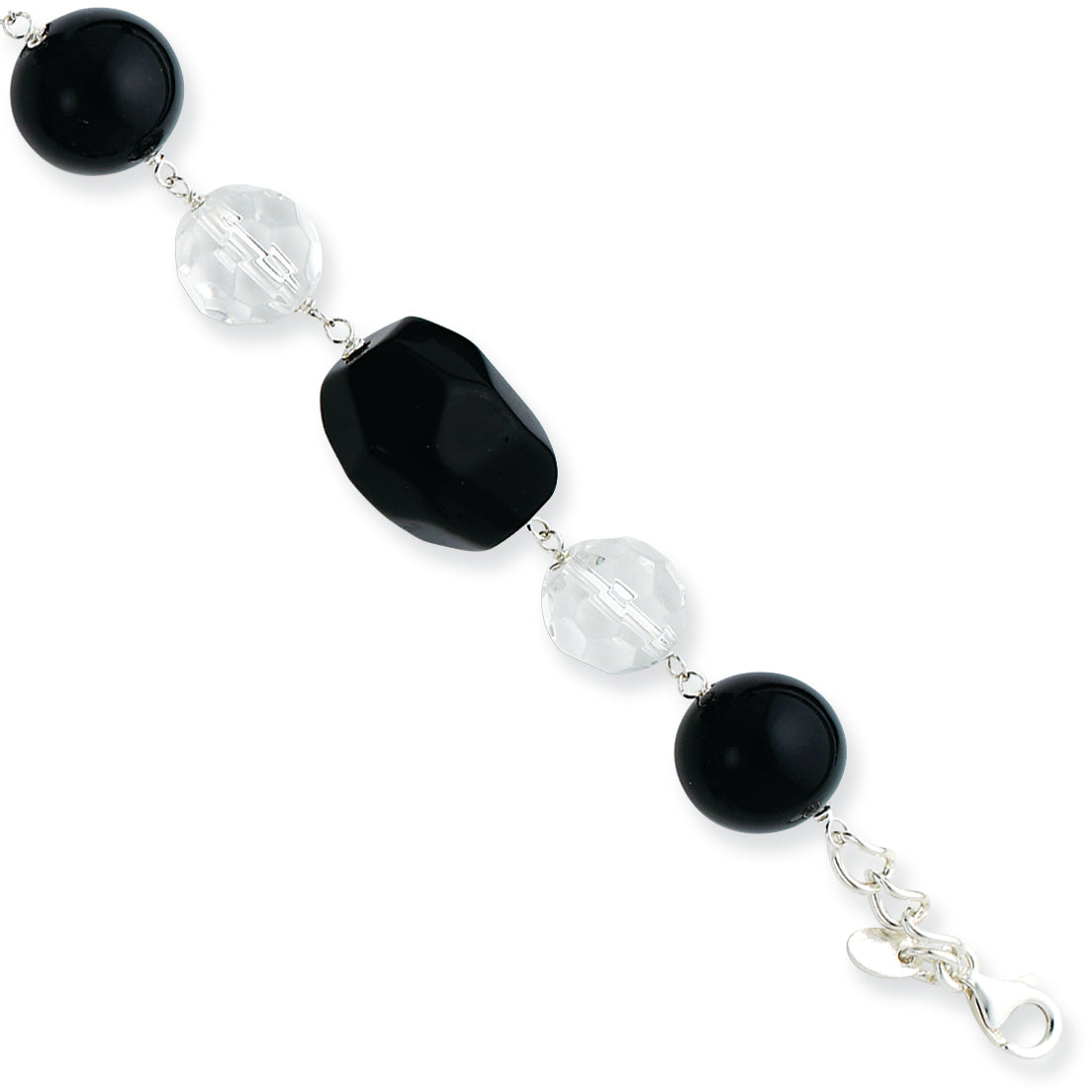 Sterling Silver 11mm Clear Crystal/Onyx/14mm Black Agate Bracelet