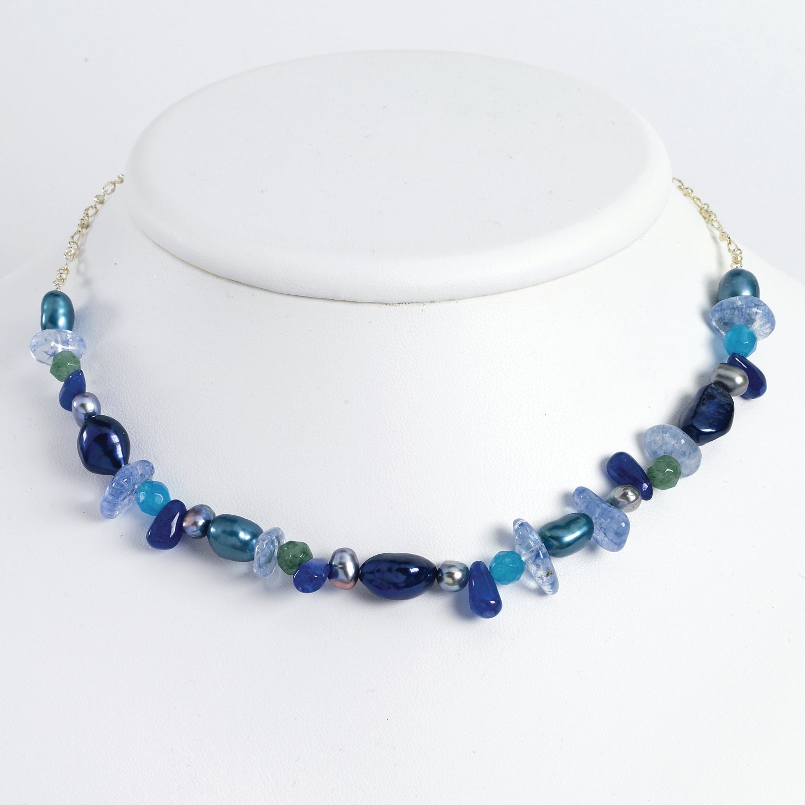 Sterling Silver Aventurine/Blu Quartz/Freshwater Cultured Pearl Necklace