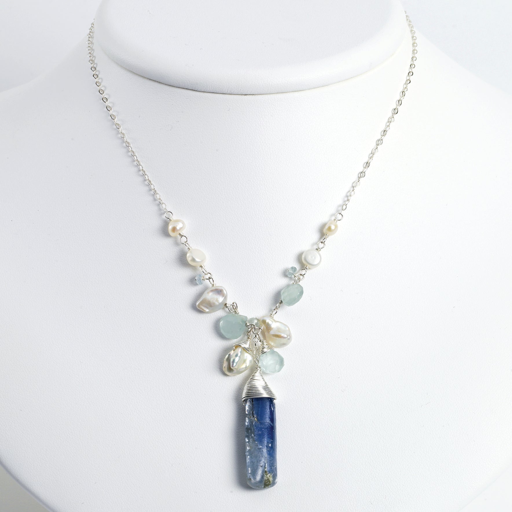 Sterling Silver Aquamarine/Kyanite/White Pearl Necklace
