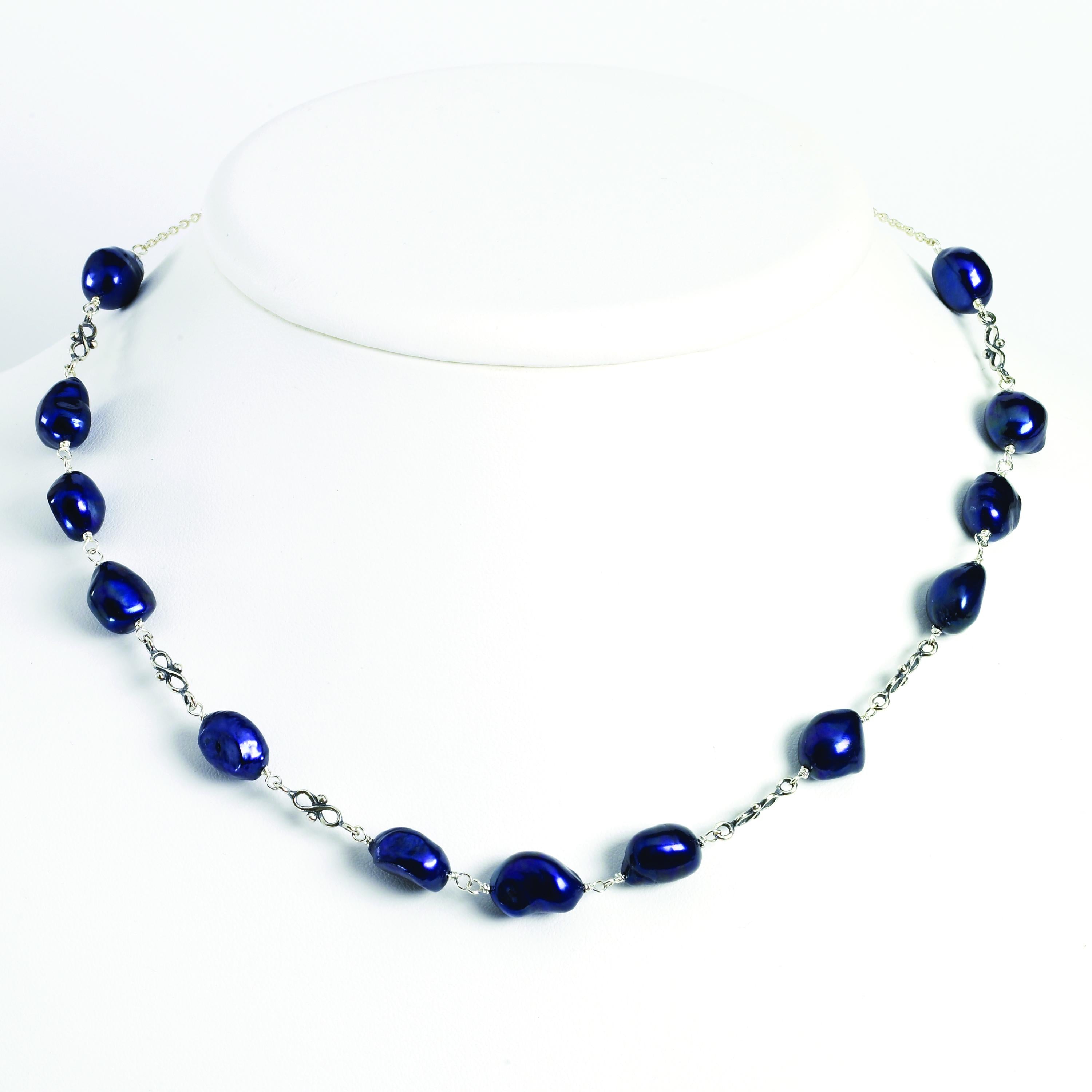 Sterling Silver Dark Blue Freshwater Cultured Pearl Antiqued Necklace