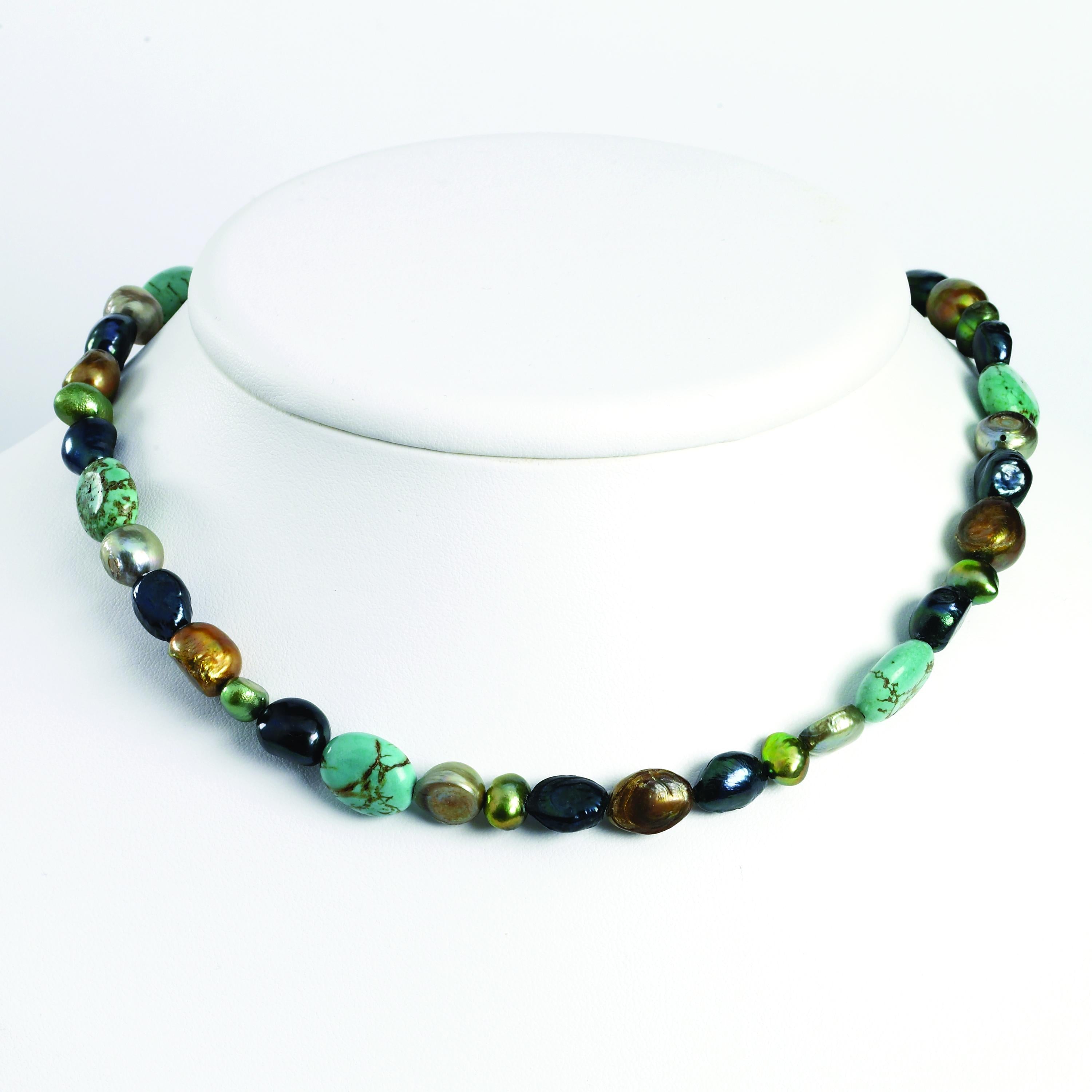 Sterling Silver Grey & Green Cultured Pearls/Turquoise Necklace