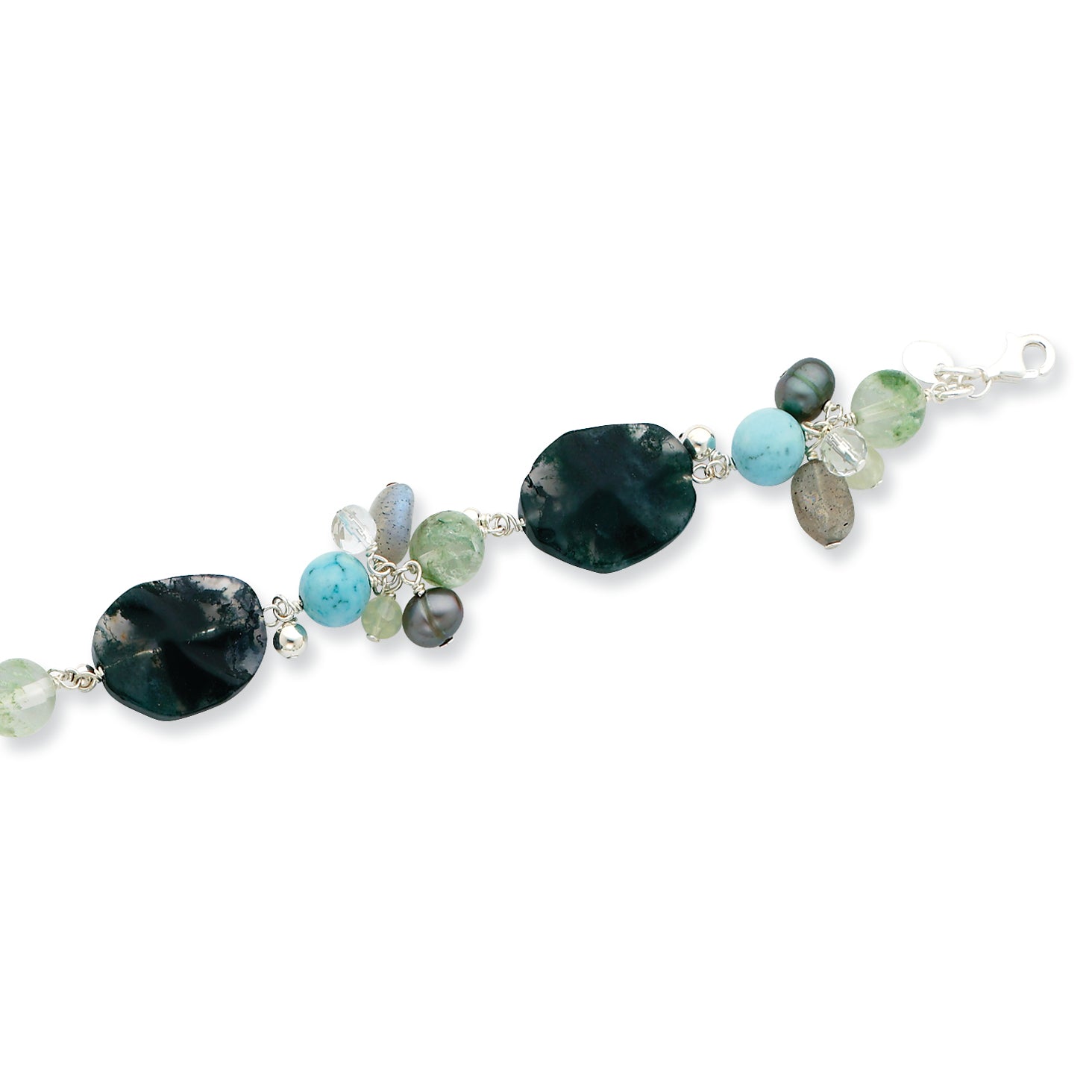 Sterling Silver Agate/Grn Moss & Rk Quartz/Labradolite/Prehnite Bracelet