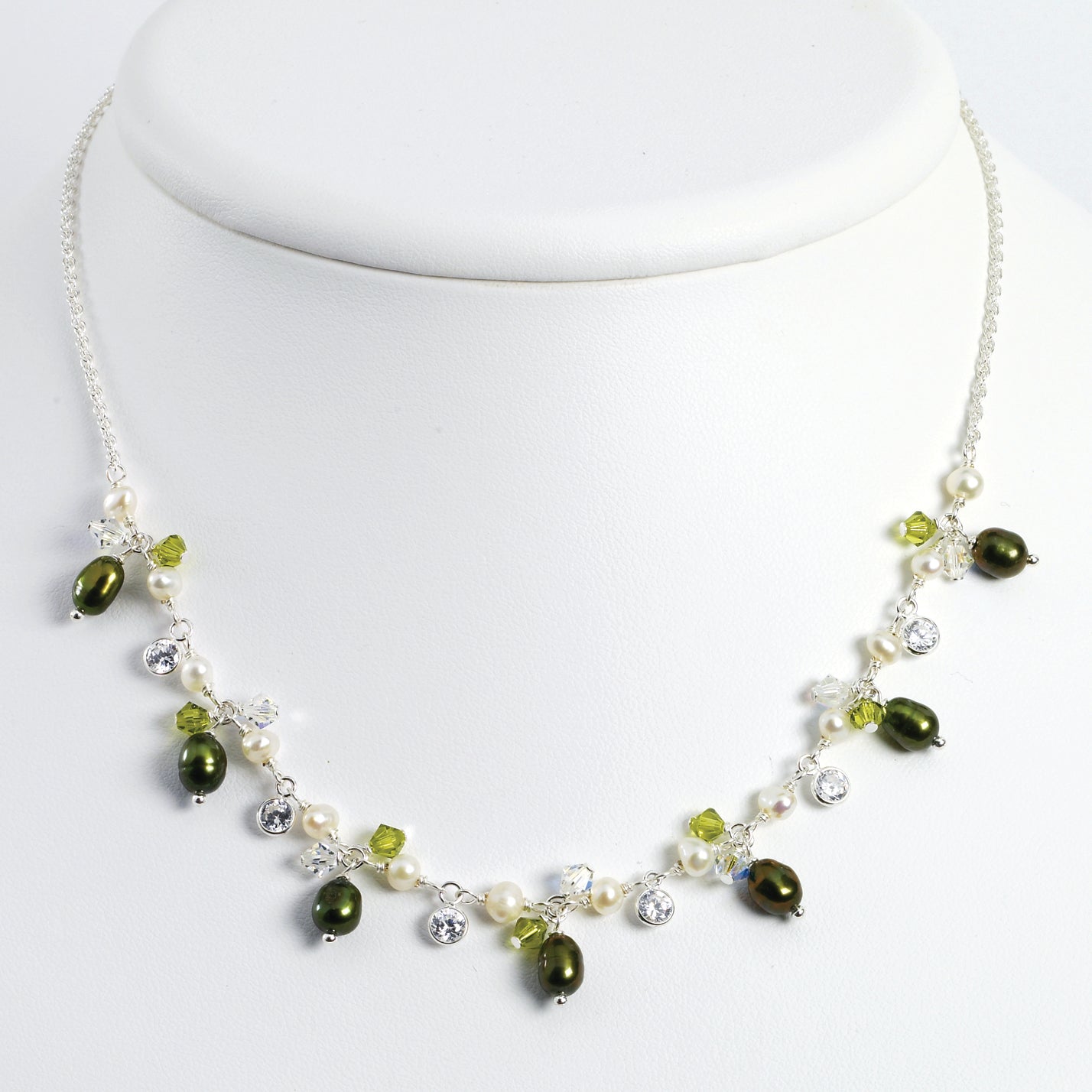Sterling Silver Green & White FW Cultured Pearls/Crystals/CZ Necklace