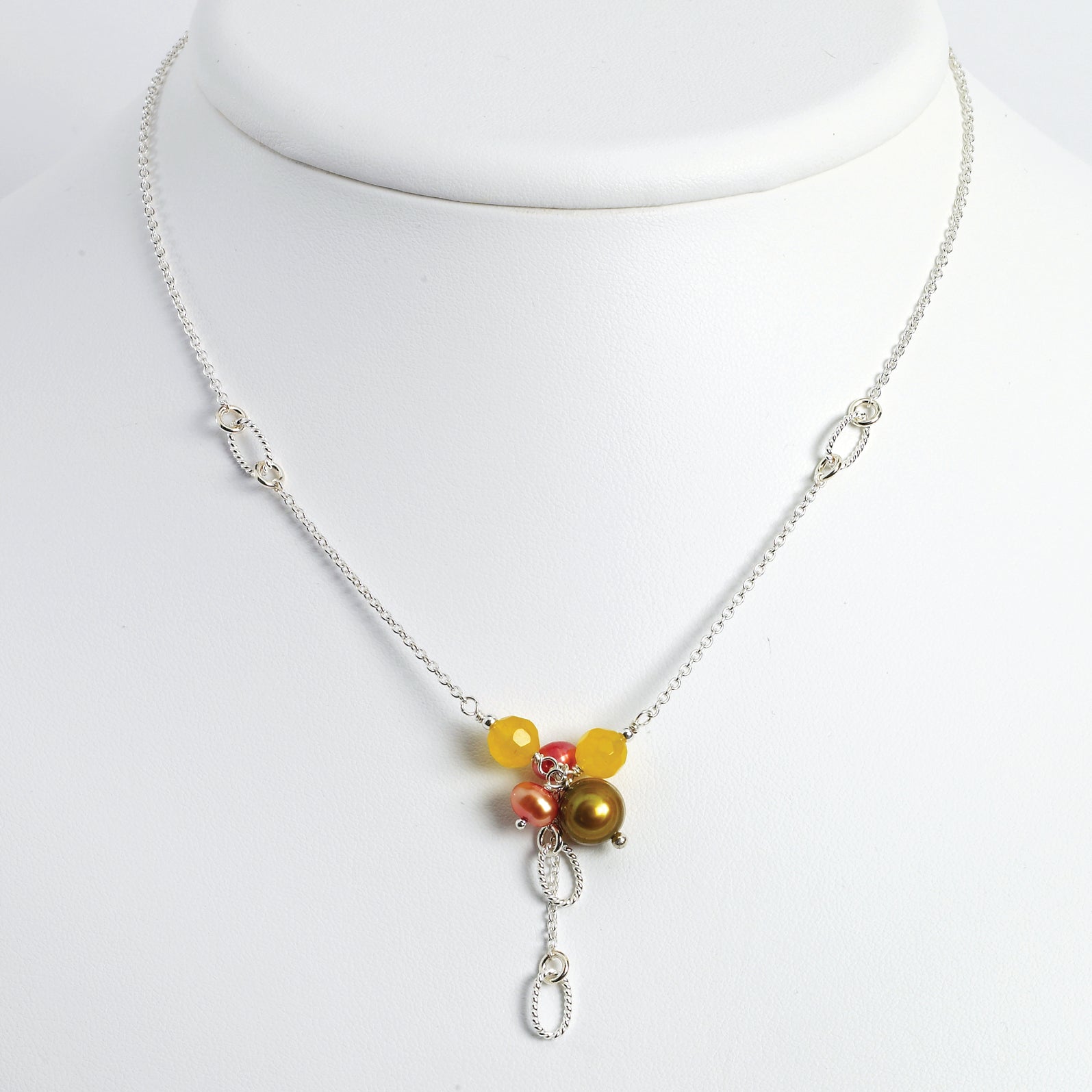 Sterling Silver Freshwater Cultured Pearls & Yellow Jade Necklace