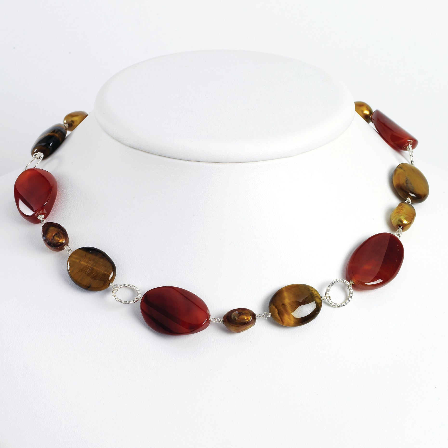 Sterling Silver Carnelian/Freshwater Cultured Pearl/Tiger Eye Necklace
