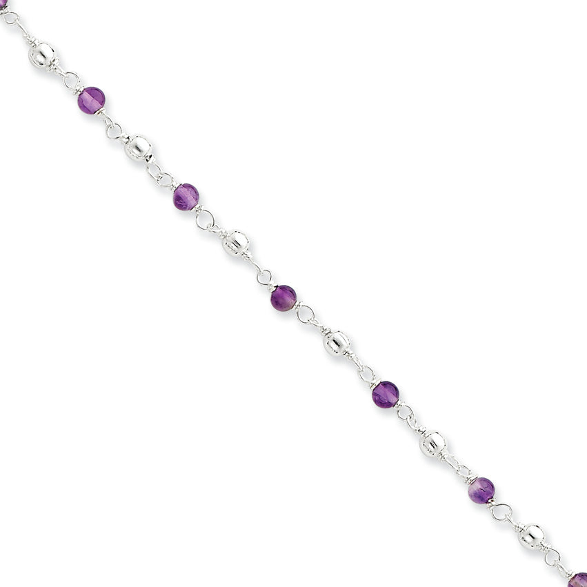 Sterling Silver 7inch Polished Amethyst Beaded Bracelet 7 Inches