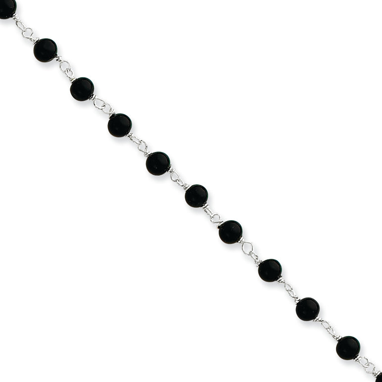Sterling Silver 7inch Polished Onyx Beaded Bracelet 7 Inches