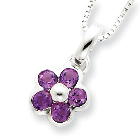 Sterling Silver Amethyst Flower Pendant w/ 16 Chain