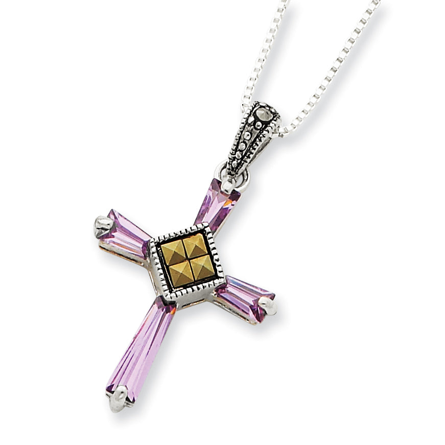 Sterling Silver 18 Box Chain w/ Marcasite Amethyst Cross Pendant