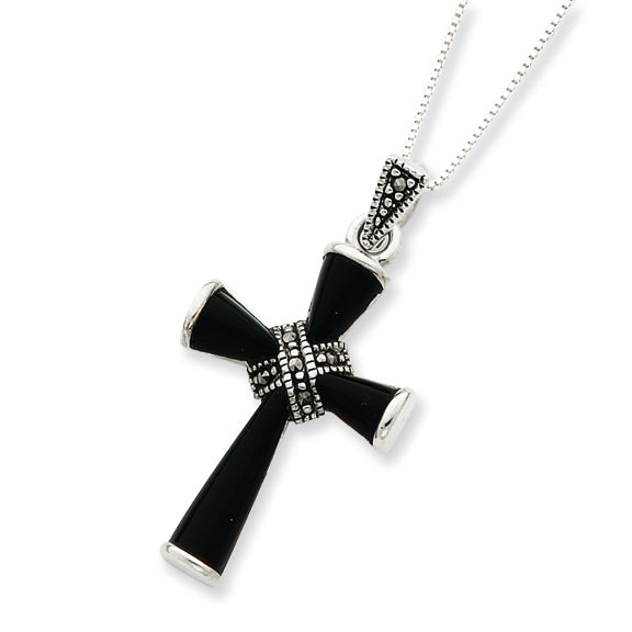 Sterling Silver 18 Box Chain Marcasite Onyx Cross Pendant