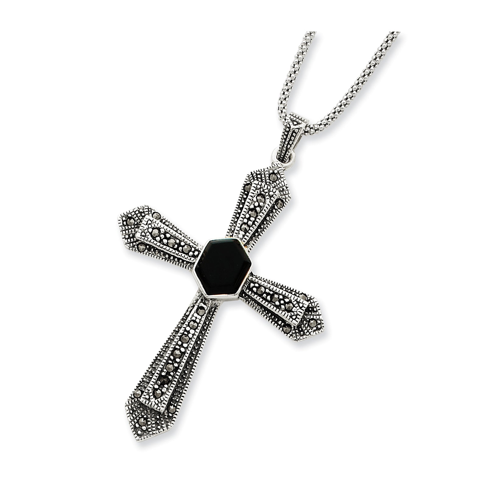 Sterling Silver 18 Popcorn Chain w/ Marcasite Onyx Cross Pendant